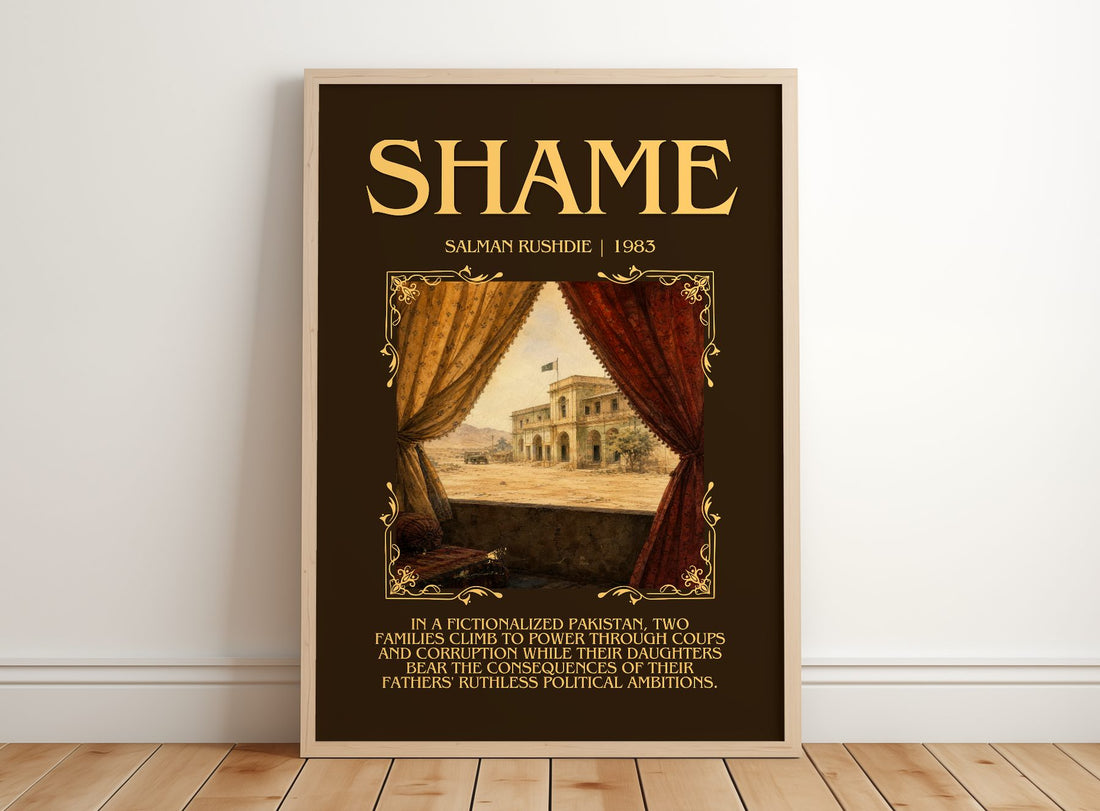 Shame Minimalist Book Poster by Salman Rushdie – framed print leaning on a wooden floor