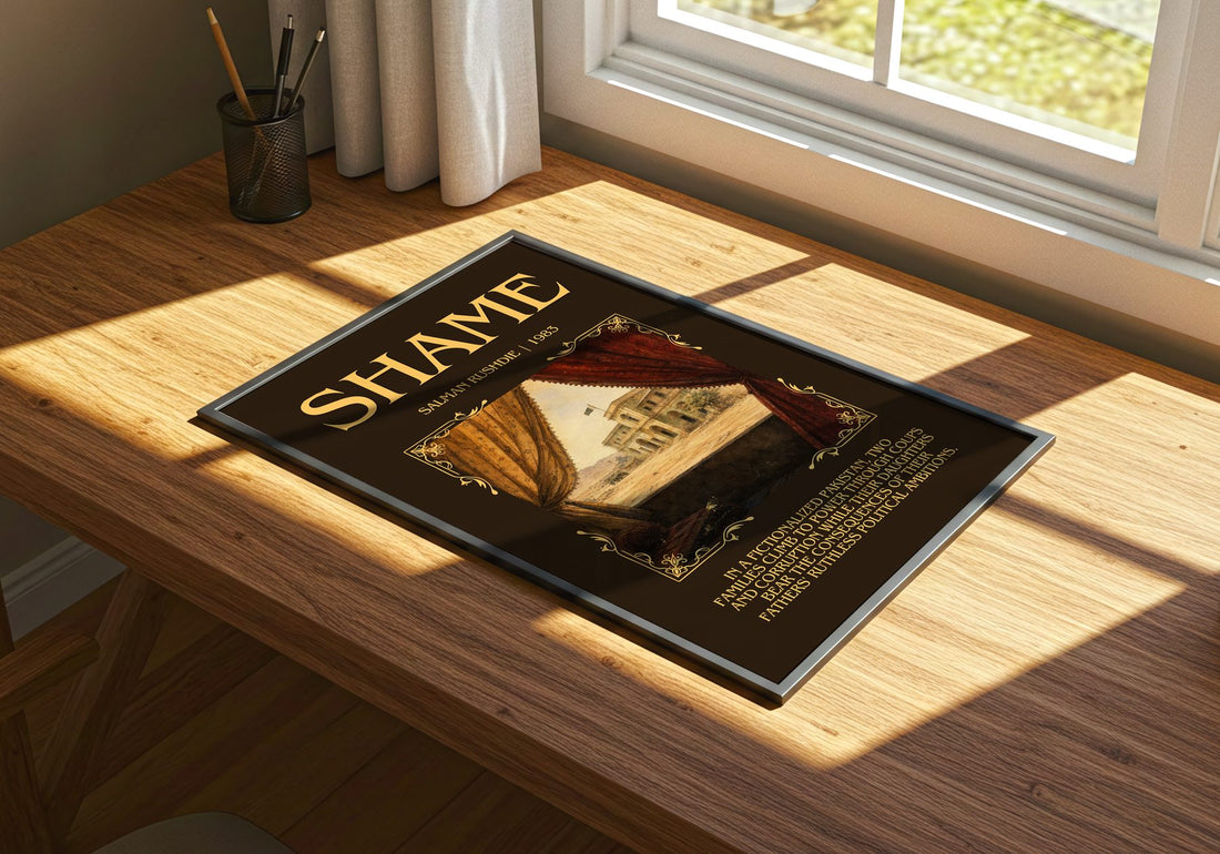 Shame Minimalist Book Poster by Salman Rushdie – print on a sunlit desk