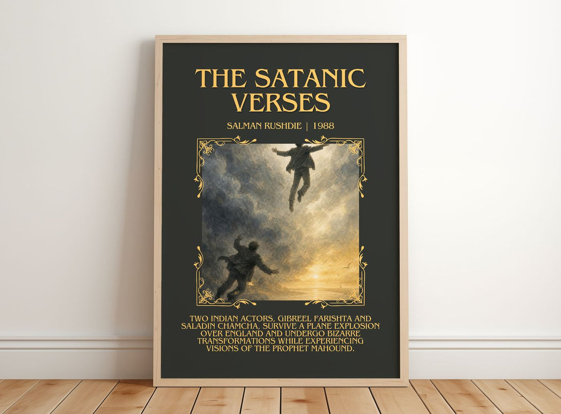 The Satanic Verses Minimalist Book Poster by Salman Rushdie – framed print leaning on a wooden floor