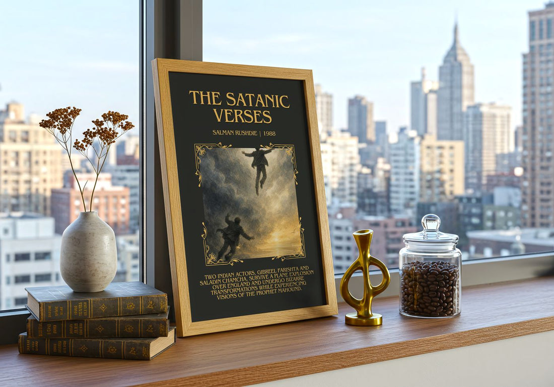 The Satanic Verses Minimalist Book Poster by Salman Rushdie – framed print on a city-view windowsill