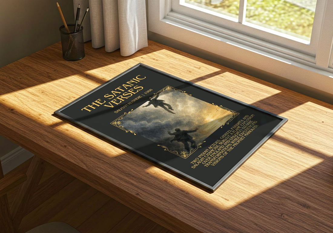 The Satanic Verses Minimalist Book Poster by Salman Rushdie – print on a sunlit desk