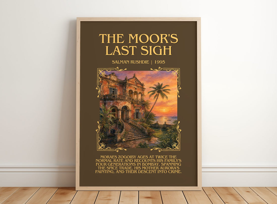 The Moor's Last Sigh Minimalist Book Poster by Salman Rushdie – framed print leaning on a wooden floor