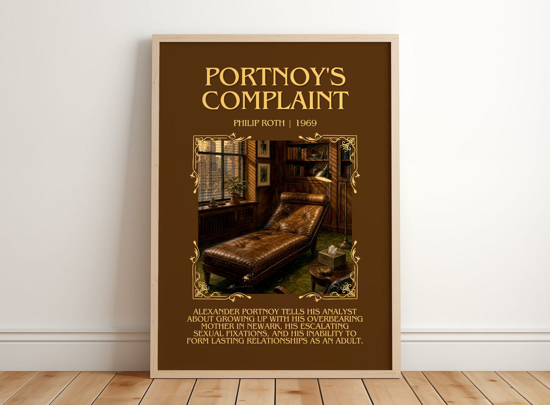 Portnoy's Complaint Minimalist Book Poster by Philip Roth – framed print leaning on a wooden floor