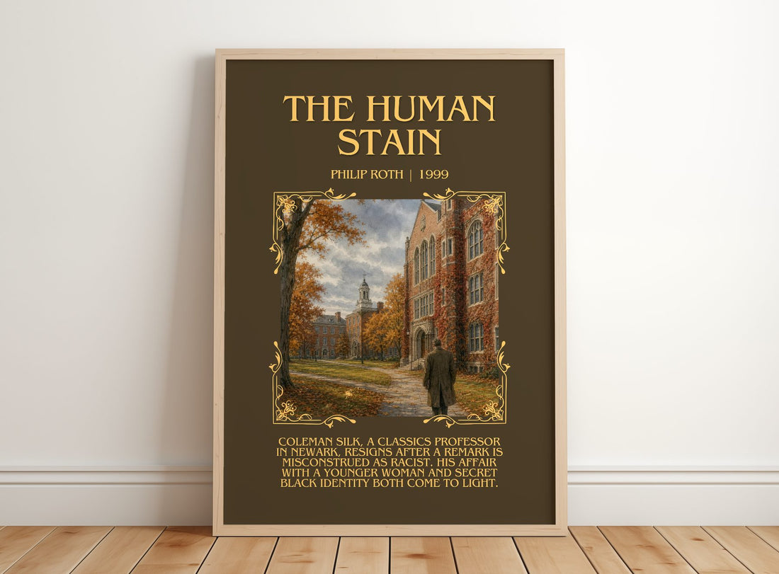The Human Stain Minimalist Book Poster by Philip Roth – framed print leaning on a wooden floor