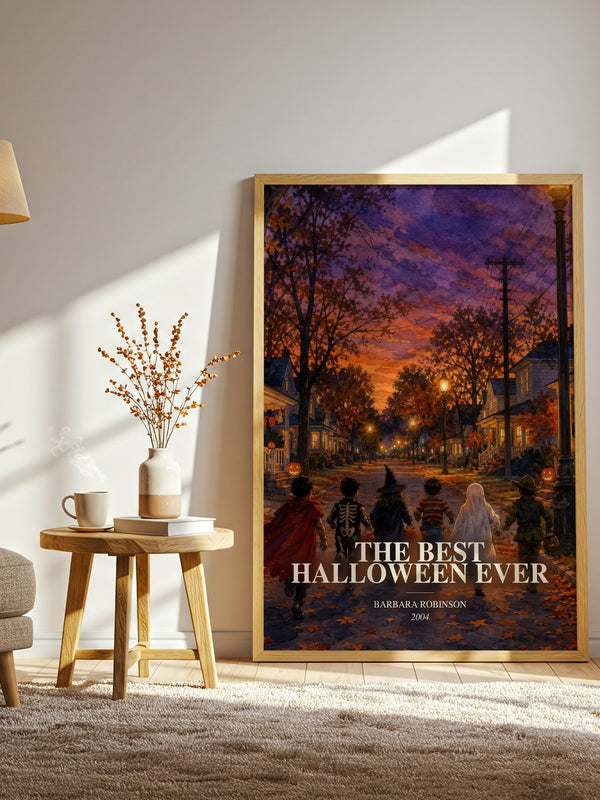 The Best Halloween Ever watercolour print in frame leaning in hallway – childrens wall art