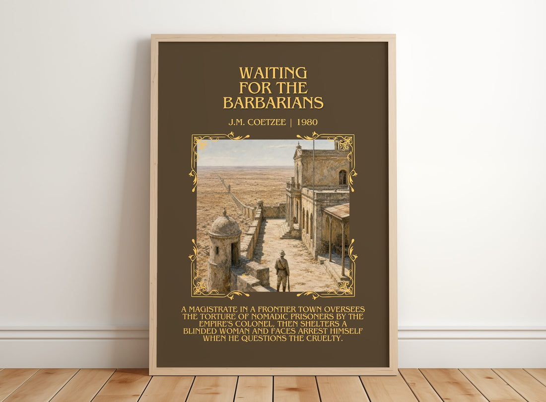 Waiting for the Barbarians Minimalist Book Poster by J.M. Coetzee – framed print leaning on a wooden floor