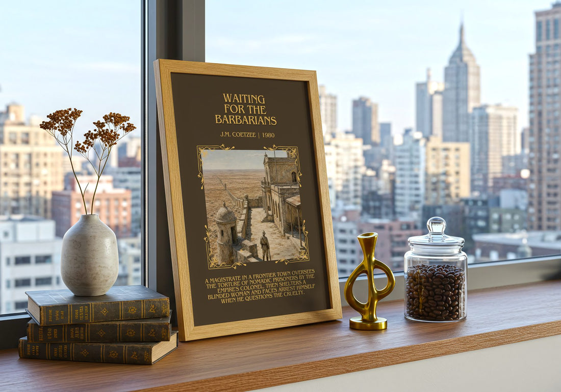 Waiting for the Barbarians Minimalist Book Poster by J.M. Coetzee – framed print on a city-view windowsill