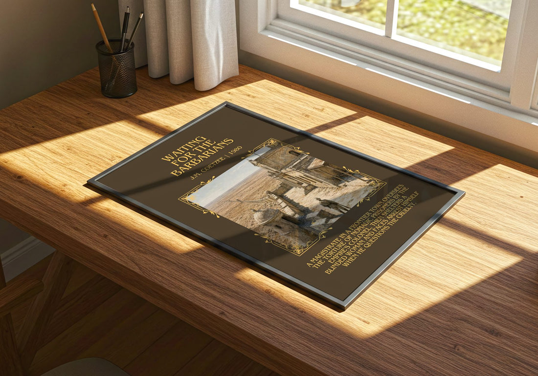Waiting for the Barbarians Minimalist Book Poster by J.M. Coetzee – print on a sunlit desk