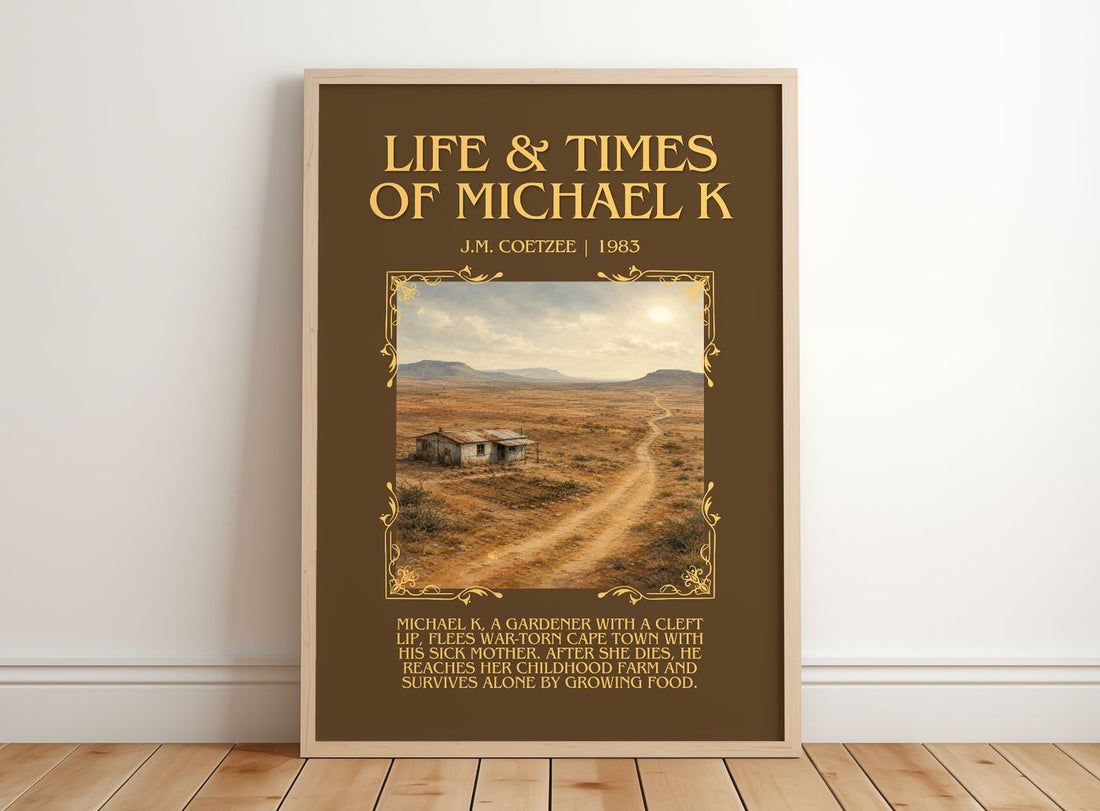 Life & Times of Michael K Minimalist Book Poster by J.M. Coetzee – framed print leaning on a wooden floor