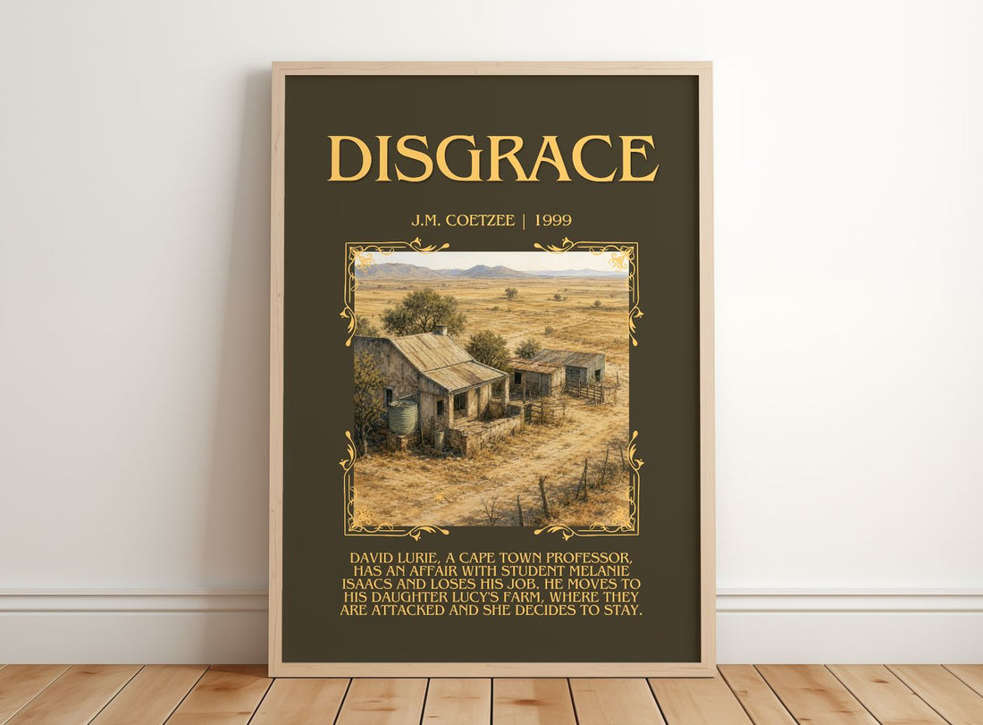 Disgrace Minimalist Book Poster by J.M. Coetzee – framed print leaning on a wooden floor