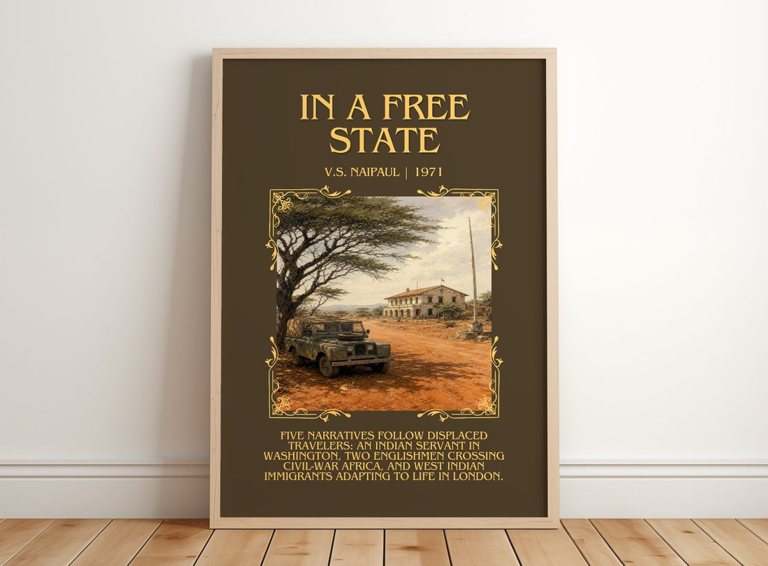 In a Free State Minimalist Book Poster by V.S. Naipaul – framed print leaning on a wooden floor