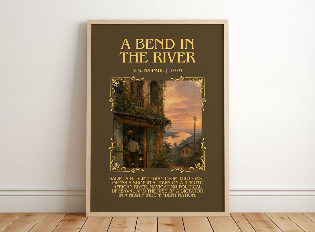 A Bend in the River Minimalist Book Poster by V.S. Naipaul – framed print leaning on a wooden floor