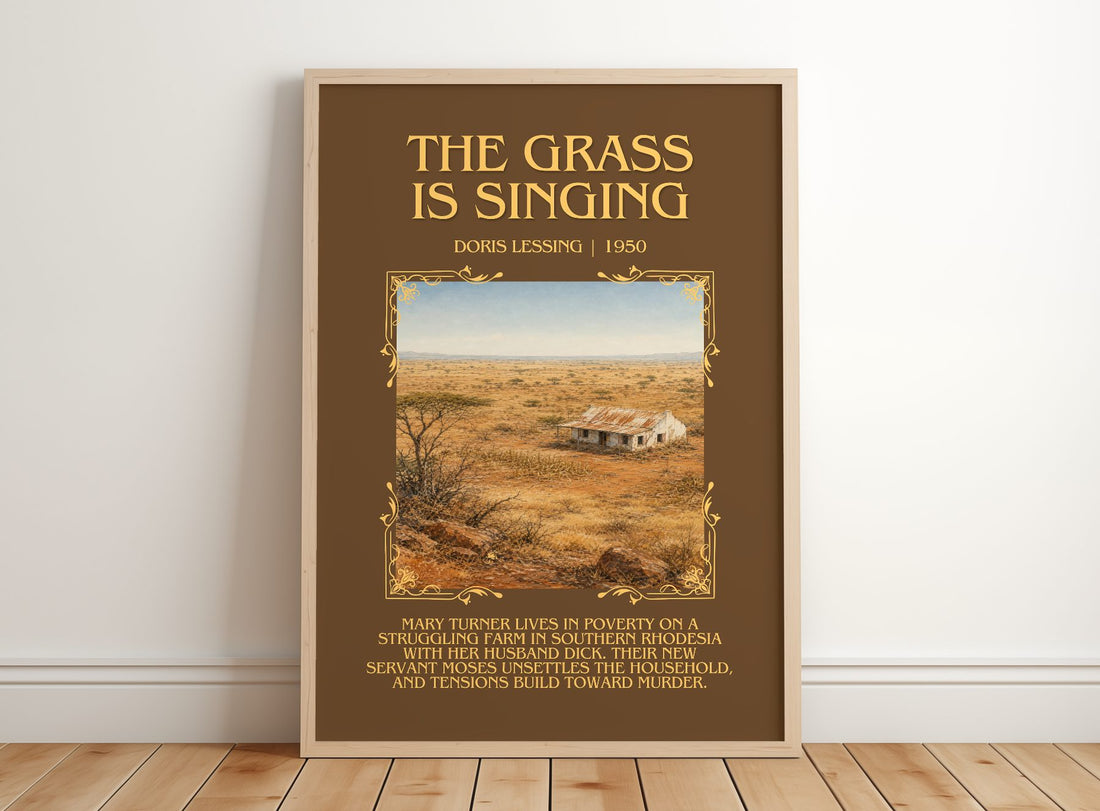 The Grass Is Singing Minimalist Book Poster by Doris Lessing – framed print leaning on a wooden floor