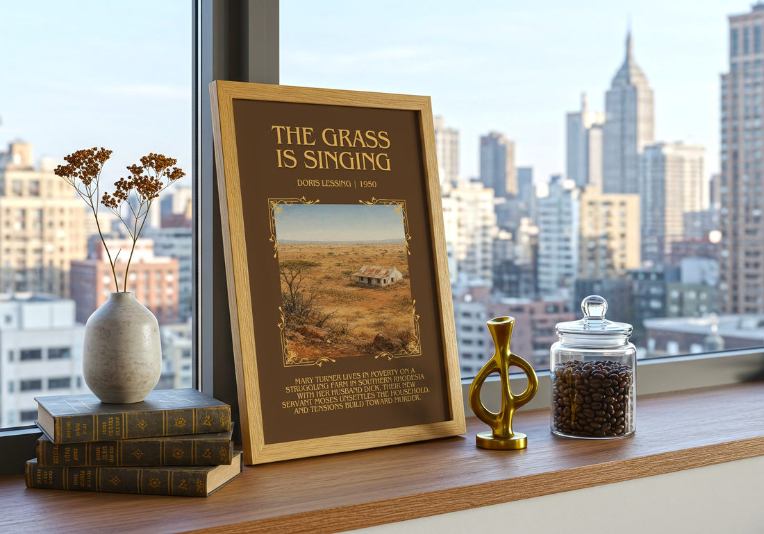 The Grass Is Singing Minimalist Book Poster by Doris Lessing – framed print on a city-view windowsill