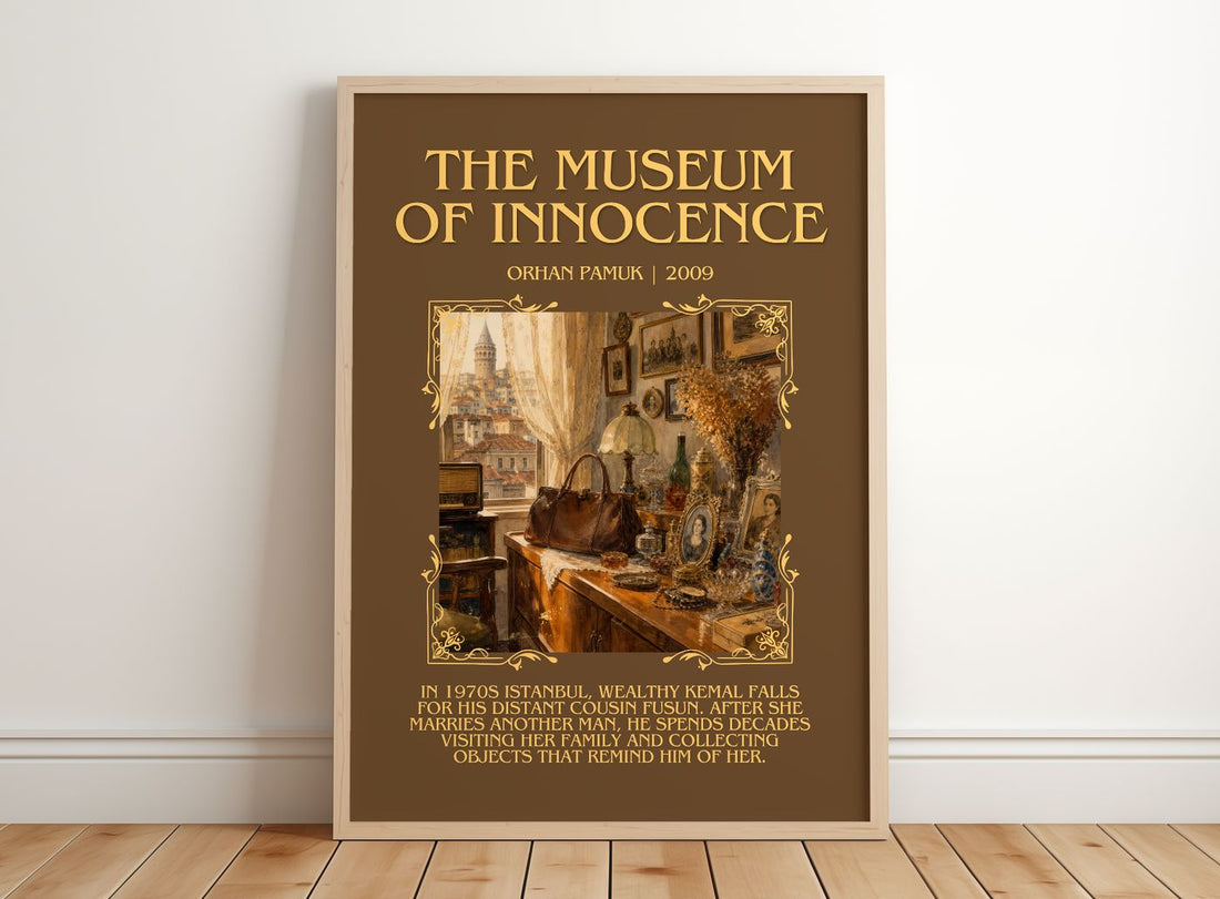 The Museum of Innocence Minimalist Book Poster by Orhan Pamuk – framed print leaning on a wooden floor