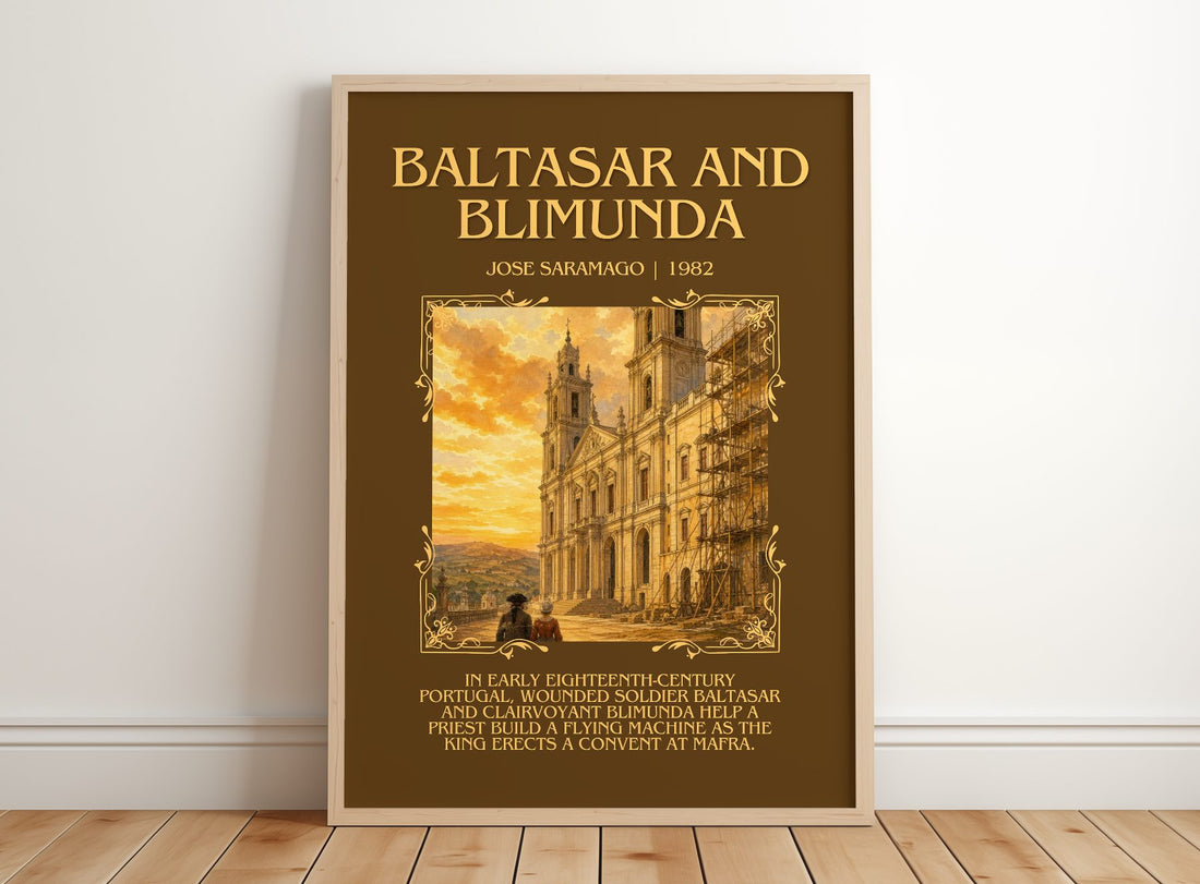 Baltasar and Blimunda Minimalist Book Poster by José Saramago – framed print leaning on a wooden floor