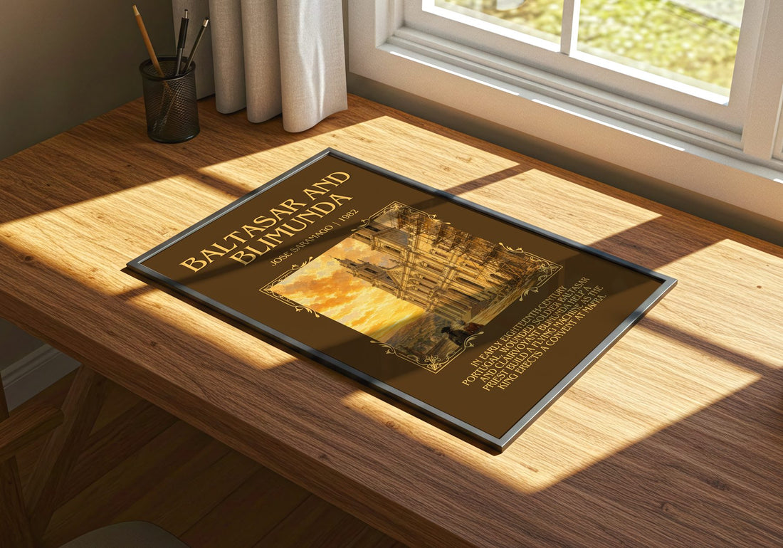 Baltasar and Blimunda Minimalist Book Poster by José Saramago – print on a sunlit desk