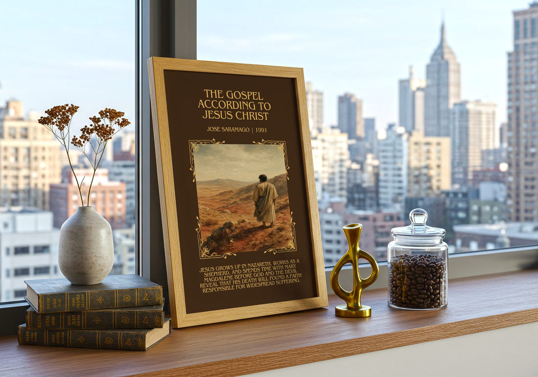 Gospel According to Jesus Christ Minimalist Book Poster by J. Saramago – framed print on a city-view windowsill