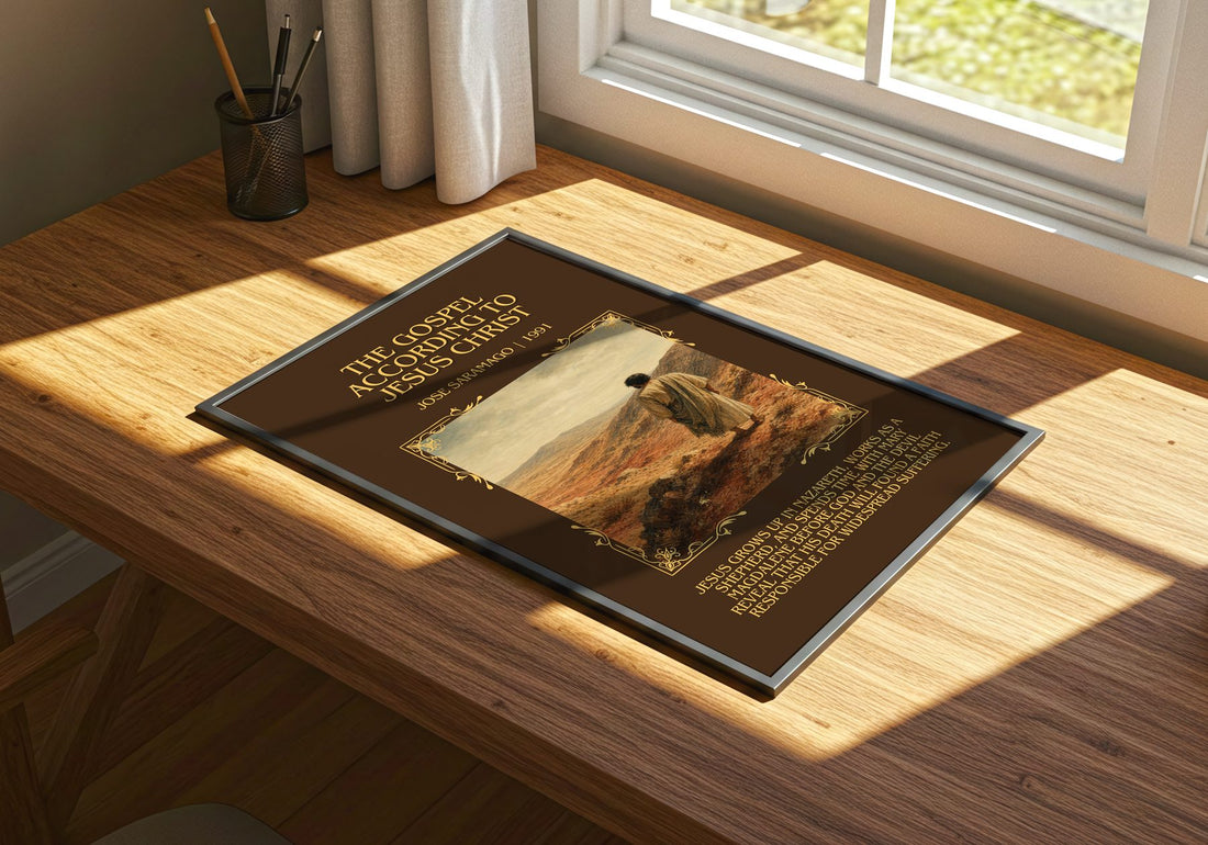 Gospel According to Jesus Christ Minimalist Book Poster by J. Saramago – print on a sunlit desk
