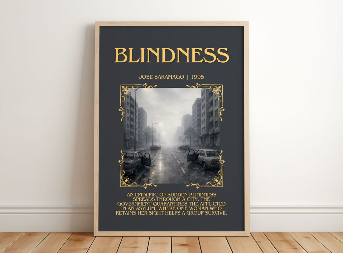Blindness Minimalist Book Poster by José Saramago – framed print leaning on a wooden floor