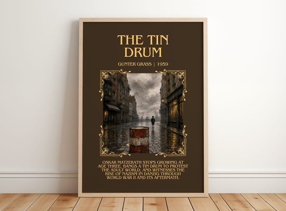 The Tin Drum Minimalist Book Poster by Günter Grass – framed print leaning on a wooden floor