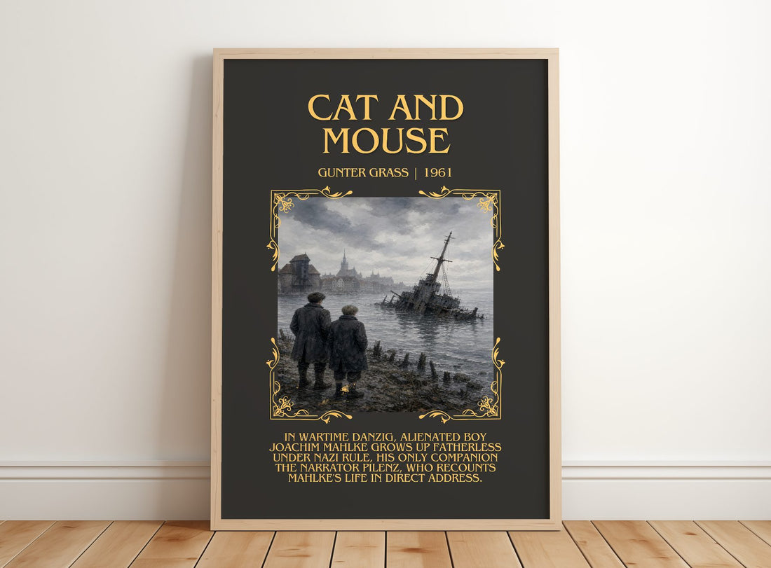 Cat and Mouse Minimalist Book Poster by Günter Grass – framed print leaning on a wooden floor