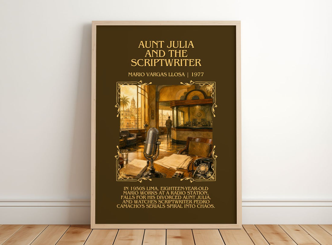 Aunt Julia and the Scriptwriter Minimalist Book Poster by M. Llosa – framed print leaning on a wooden floor