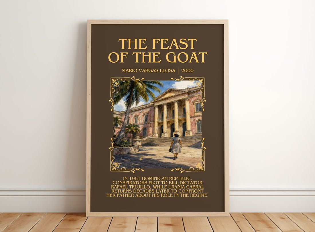 The Feast of the Goat Minimalist Book Poster by Mario Vargas Llosa – framed print leaning on a wooden floor