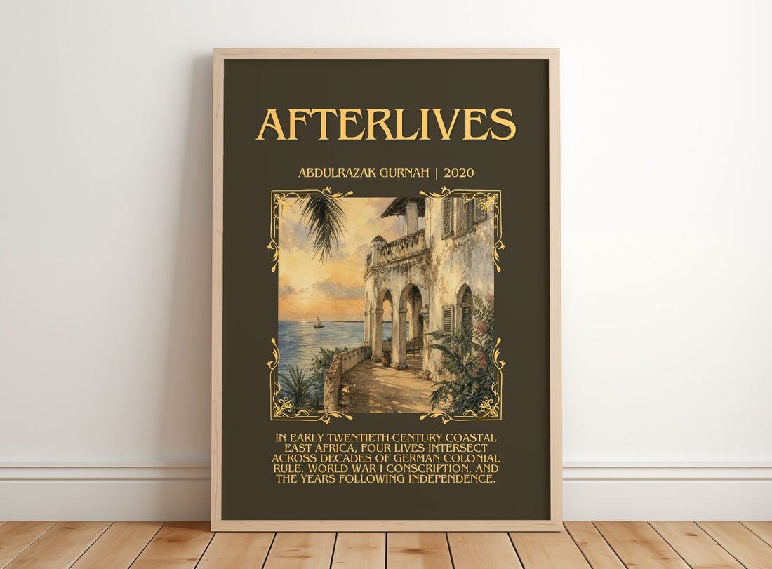 Afterlives Minimalist Book Poster by Abdulrazak Gurnah – framed print leaning on a wooden floor