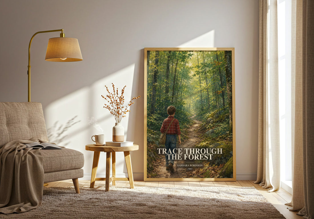 Trace Through The Forest watercolour print in frame leaning in hallway – childrens wall art (mockup)