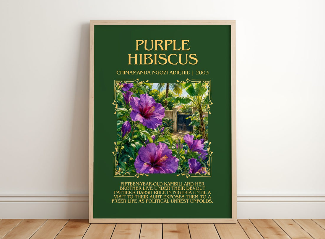 Purple Hibiscus Minimalist Book Poster by Chimamanda Ngozi Adichie – framed print leaning on a wooden floor