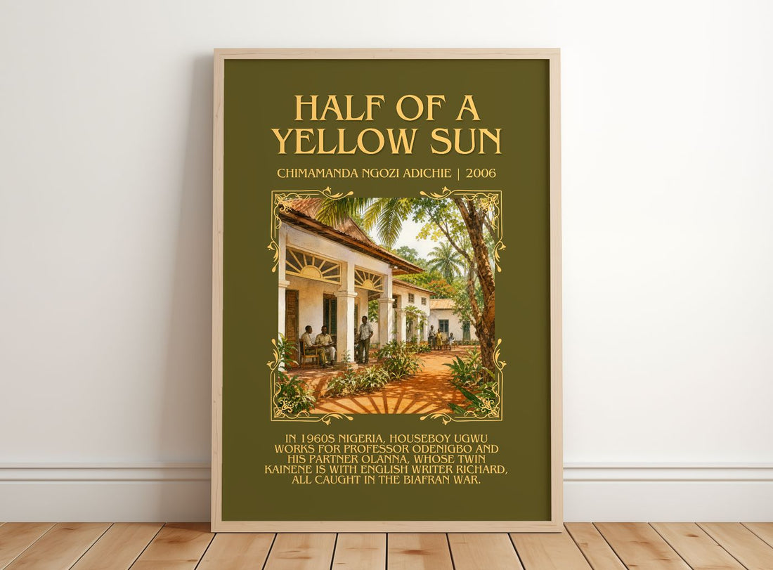 Half of a Yellow Sun Minimalist Book Poster by C. Adichie – framed print leaning on a wooden floor