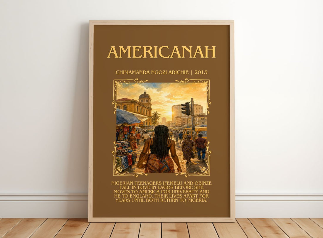 Americanah Minimalist Book Poster by Chimamanda Ngozi Adichie – framed print leaning on a wooden floor