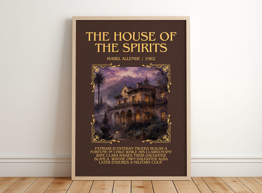 The House of the Spirits Minimalist Book Poster by Isabel Allende – framed print leaning on a wooden floor