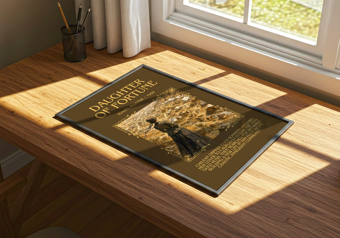Daughter of Fortune Minimalist Book Poster by Isabel Allende – print on a sunlit desk