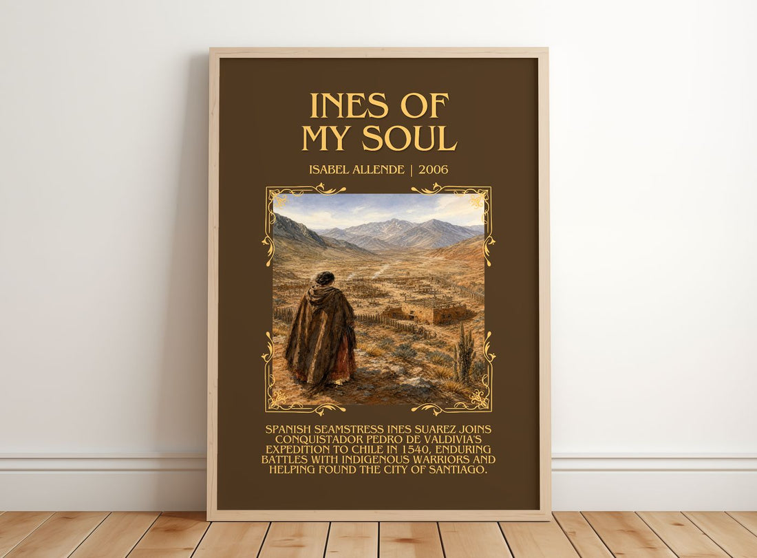 Ines of My Soul Minimalist Book Poster by Isabel Allende – framed print leaning on a wooden floor