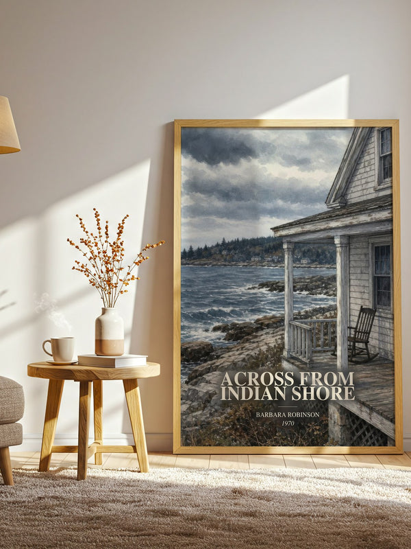 Across From Indian Shore watercolour print in frame leaning in hallway – childrens wall art