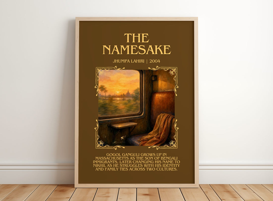 The Namesake Minimalist Book Poster by Jhumpa Lahiri – framed print leaning on a wooden floor