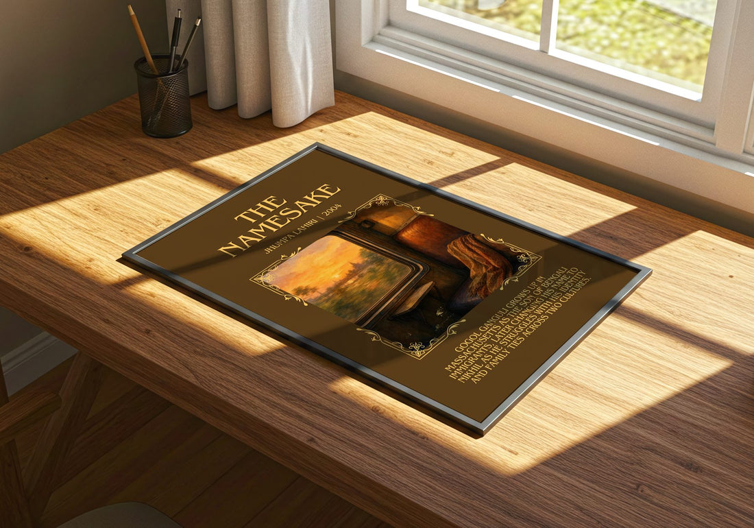 The Namesake Minimalist Book Poster by Jhumpa Lahiri – print on a sunlit desk