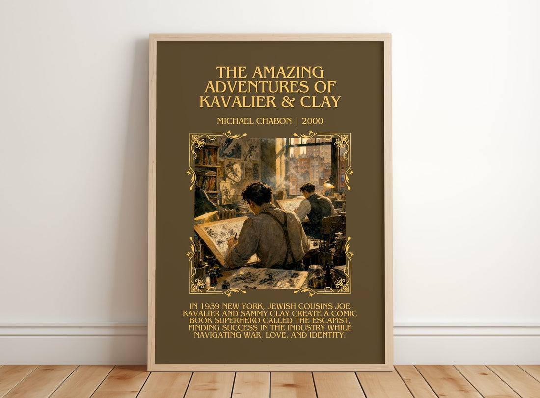 Amazing Adventures of Kavalier & Clay Minimalist Book Poster – framed print leaning on a wooden floor