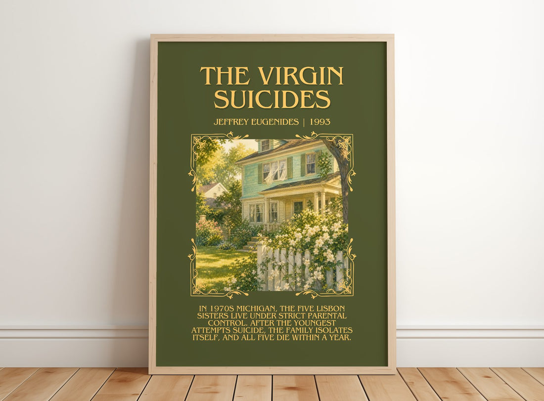The Virgin Suicides Minimalist Book Poster by Jeffrey Eugenides – framed print leaning on a wooden floor
