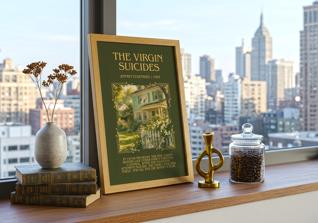 The Virgin Suicides Minimalist Book Poster by Jeffrey Eugenides – framed print on a city-view windowsill