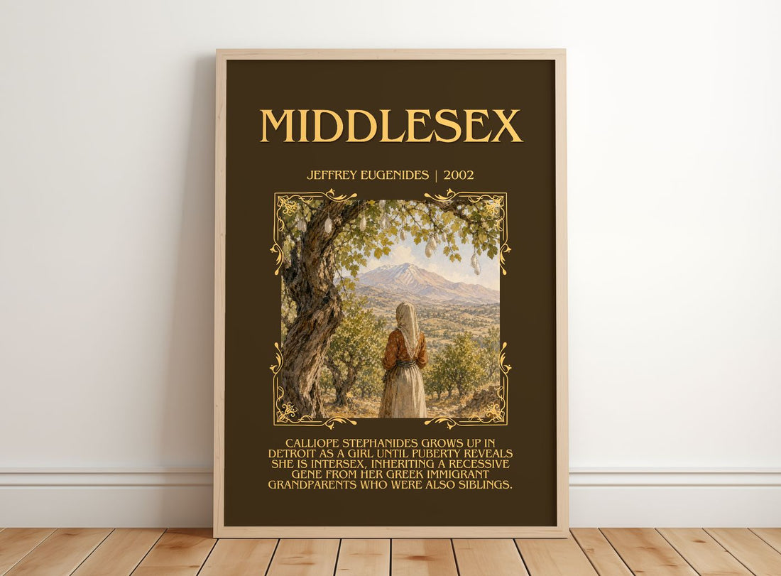 Middlesex Minimalist Book Poster by Jeffrey Eugenides – framed print leaning on a wooden floor