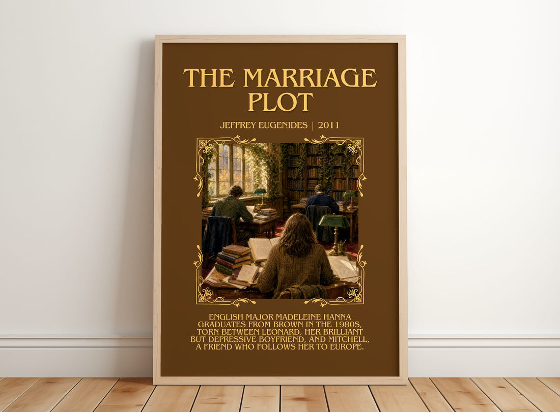 The Marriage Plot Minimalist Book Poster by Jeffrey Eugenides – framed print leaning on a wooden floor