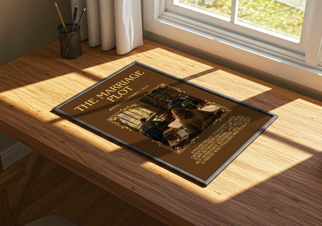 The Marriage Plot Minimalist Book Poster by Jeffrey Eugenides – print on a sunlit desk