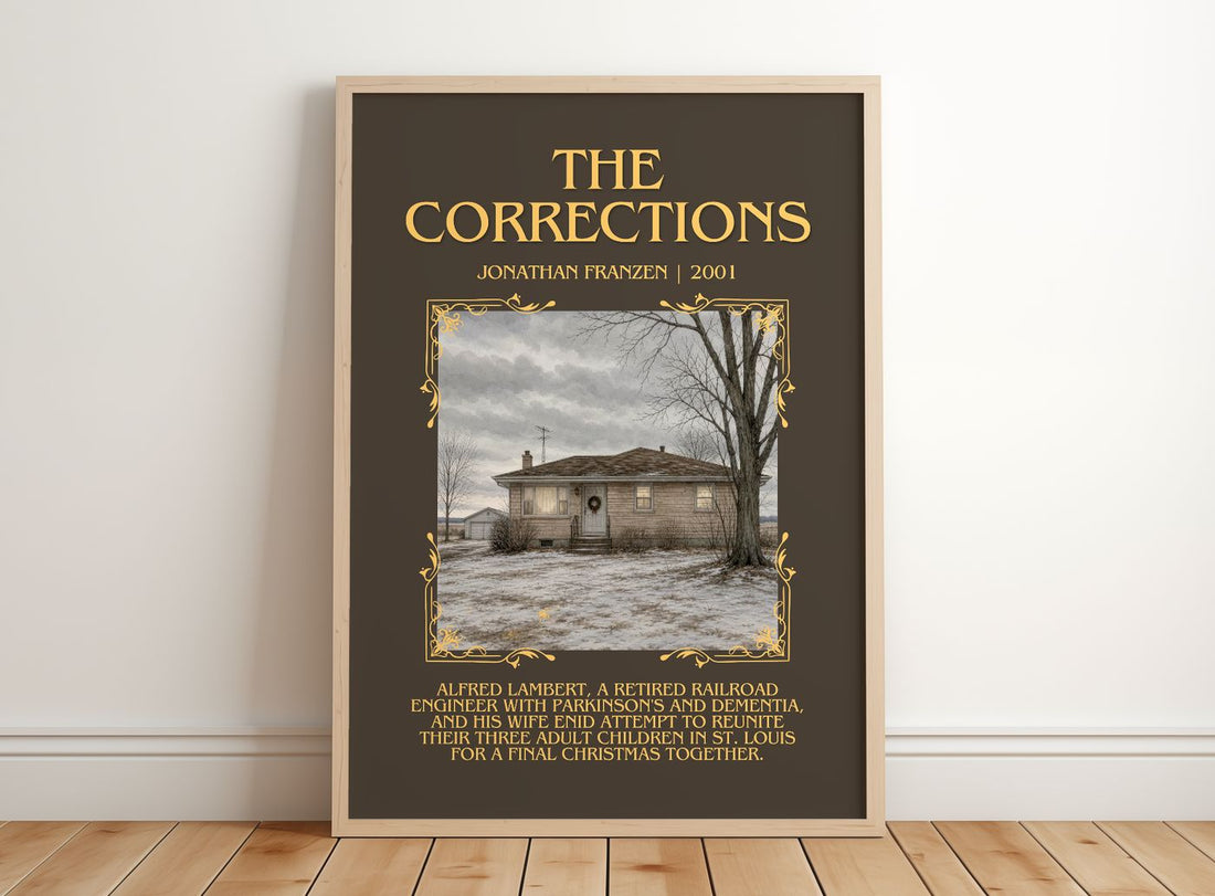 The Corrections Minimalist Book Poster by Jonathan Franzen – framed print leaning on a wooden floor