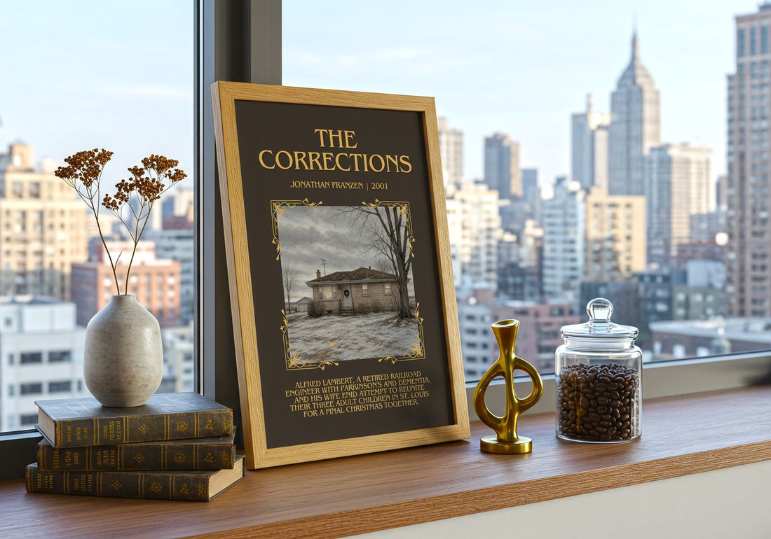 The Corrections Minimalist Book Poster by Jonathan Franzen – framed print on a city-view windowsill