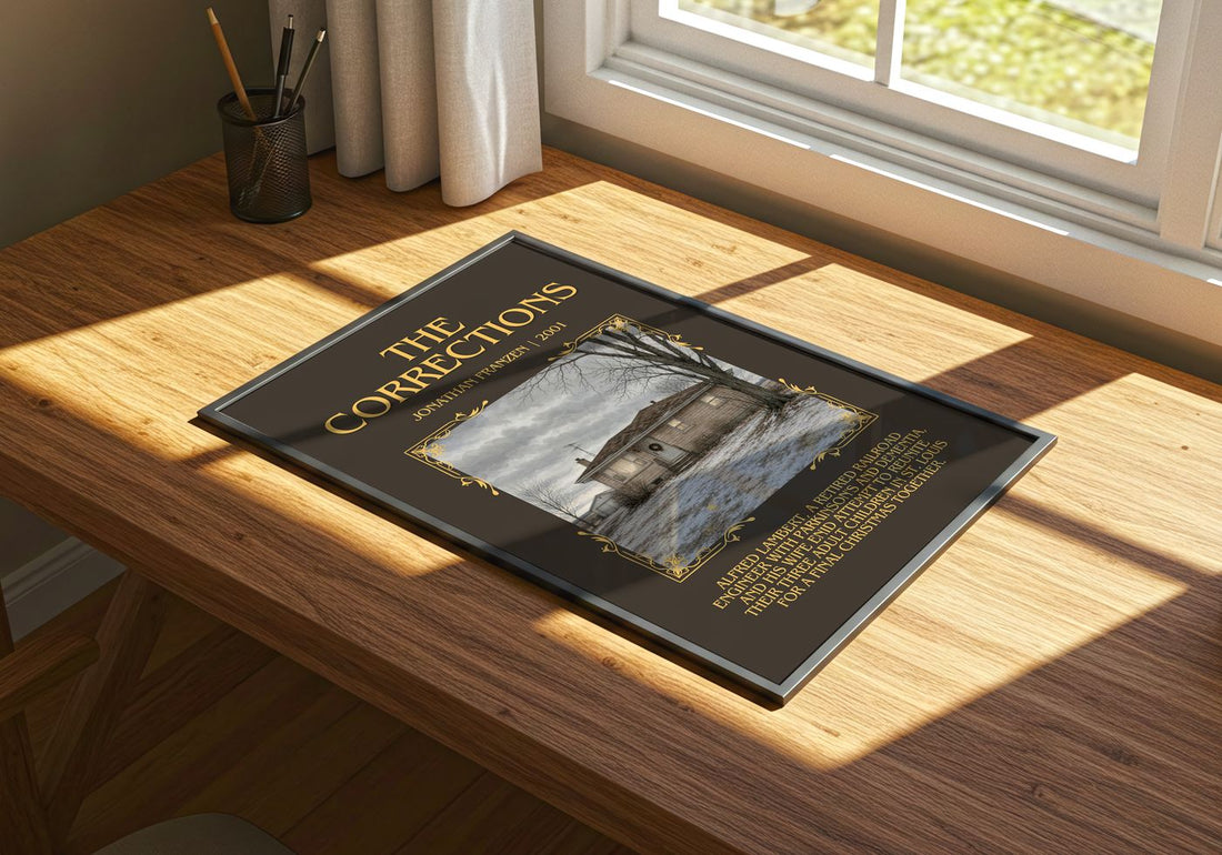 The Corrections Minimalist Book Poster by Jonathan Franzen – print on a sunlit desk