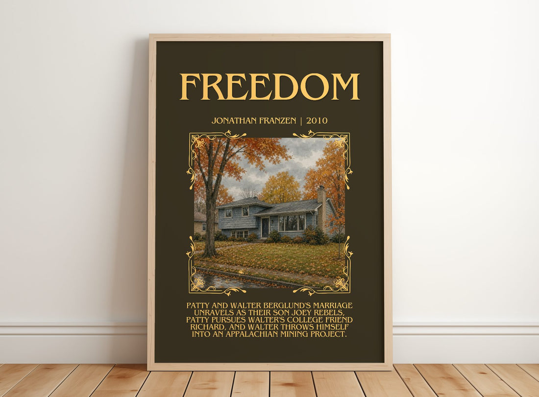 Freedom Minimalist Book Poster by Jonathan Franzen – framed print leaning on a wooden floor