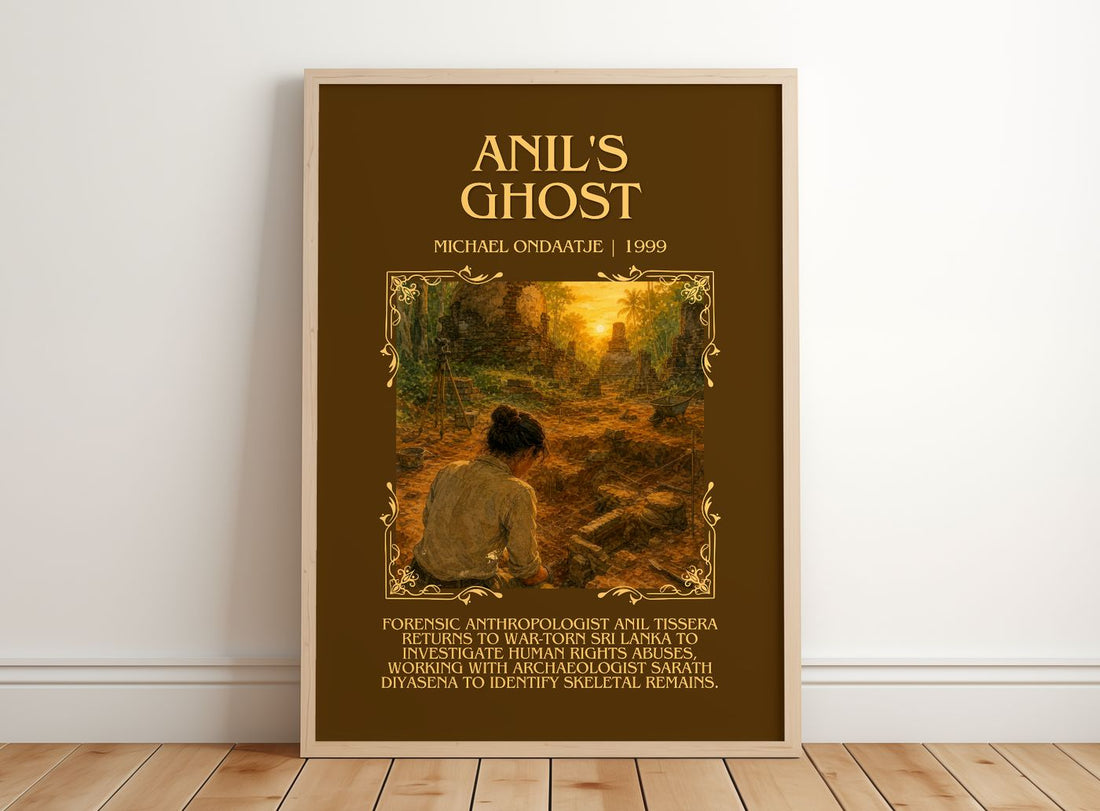 Anil's Ghost Minimalist Book Poster by Michael Ondaatje – framed print leaning on a wooden floor